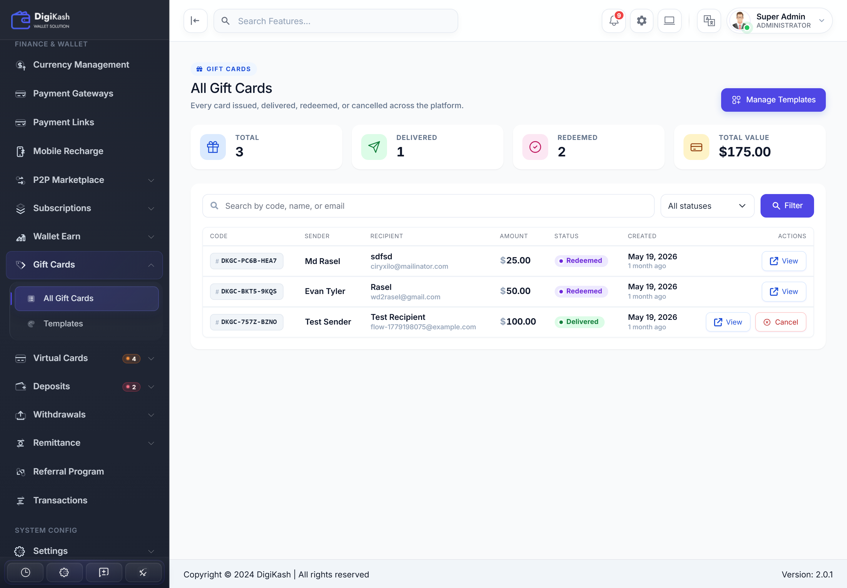 Admin All Gift Cards — every issued card with code, sender, recipient, amount, and status