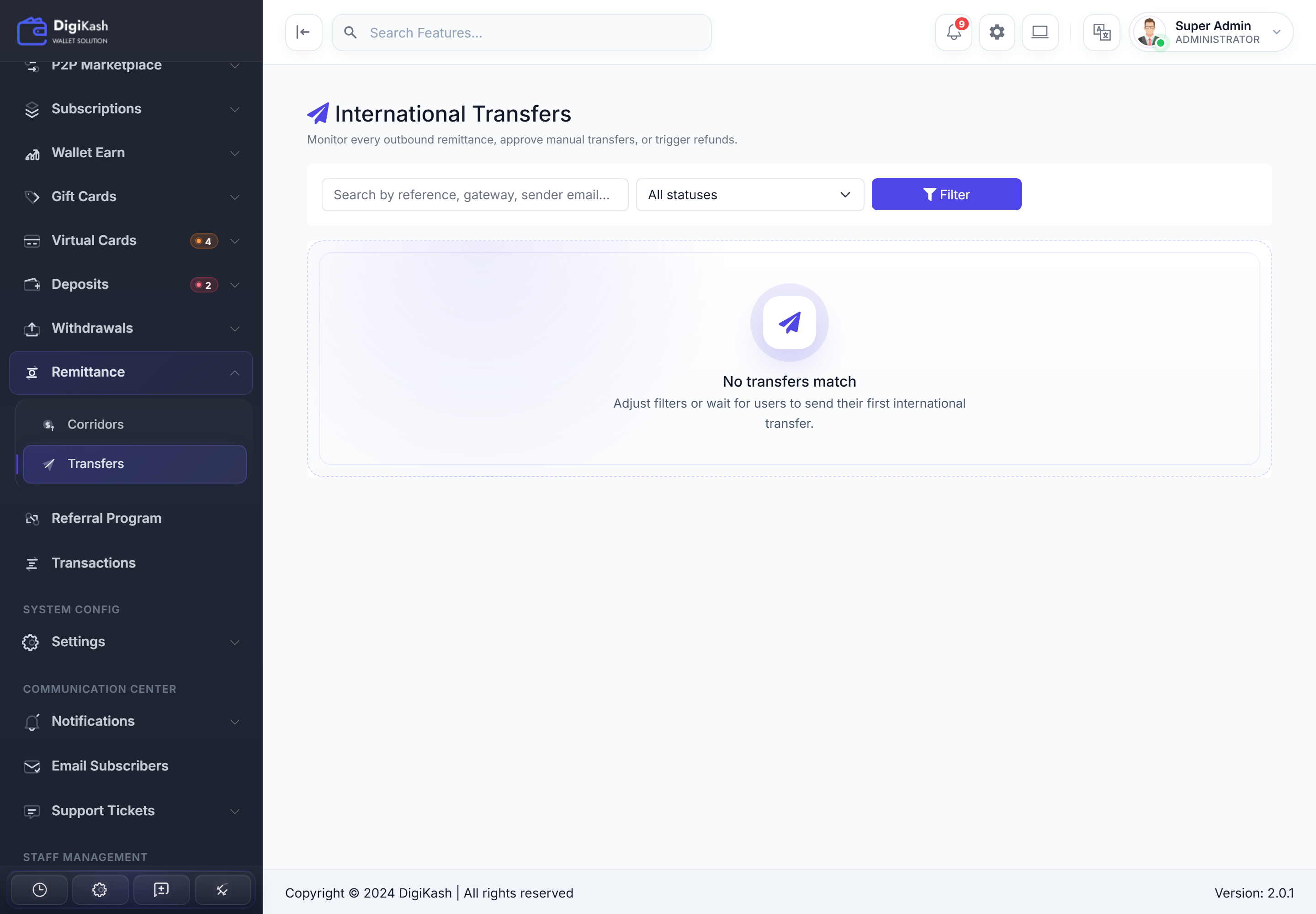 Admin Remittance Transfers — monitor cross-border transfer status and payouts