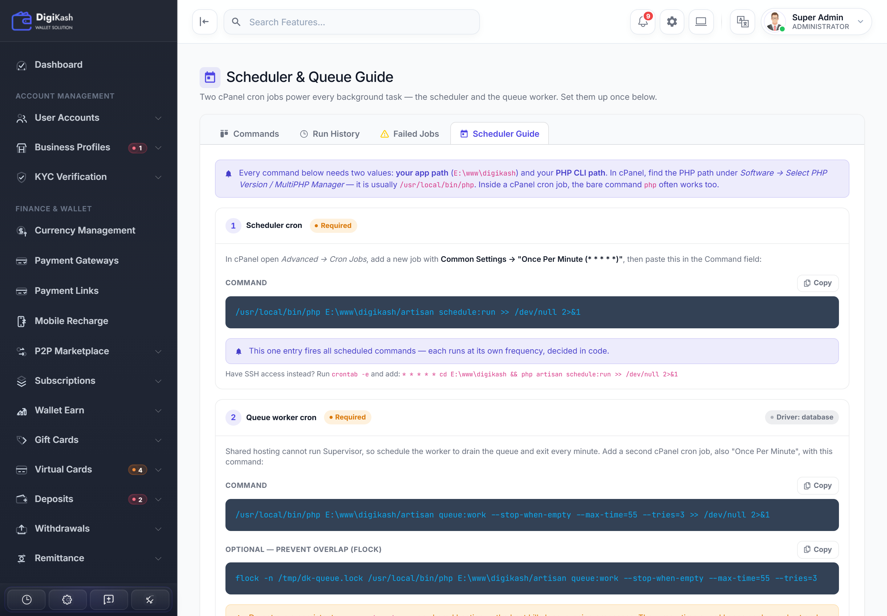 Admin Scheduler & Queue Guide — copy the ready-made cron entry, use the cron builder, and read the queue-worker commands