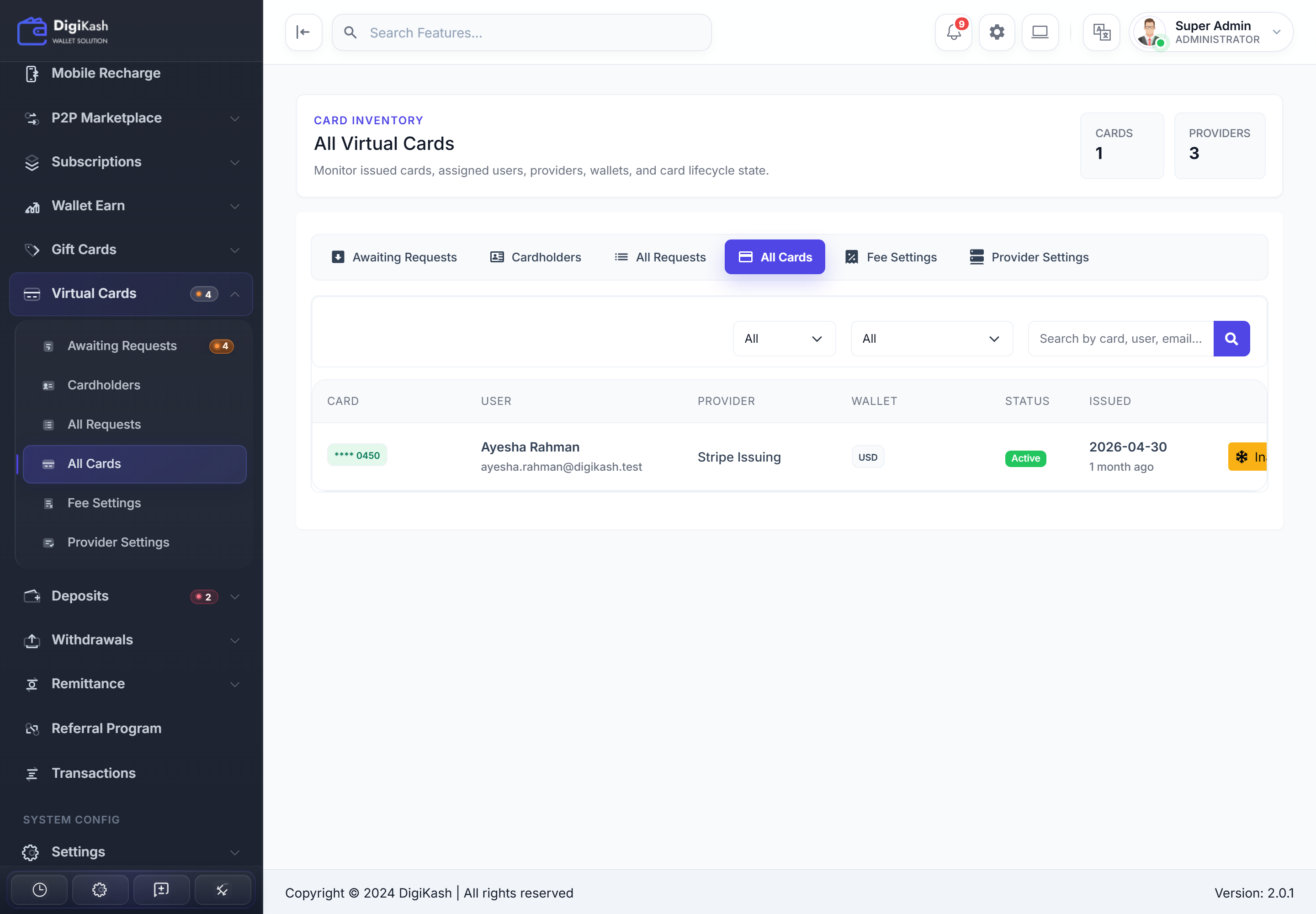 Admin All Virtual Cards inventory — card, user, provider, wallet, status, and issue date