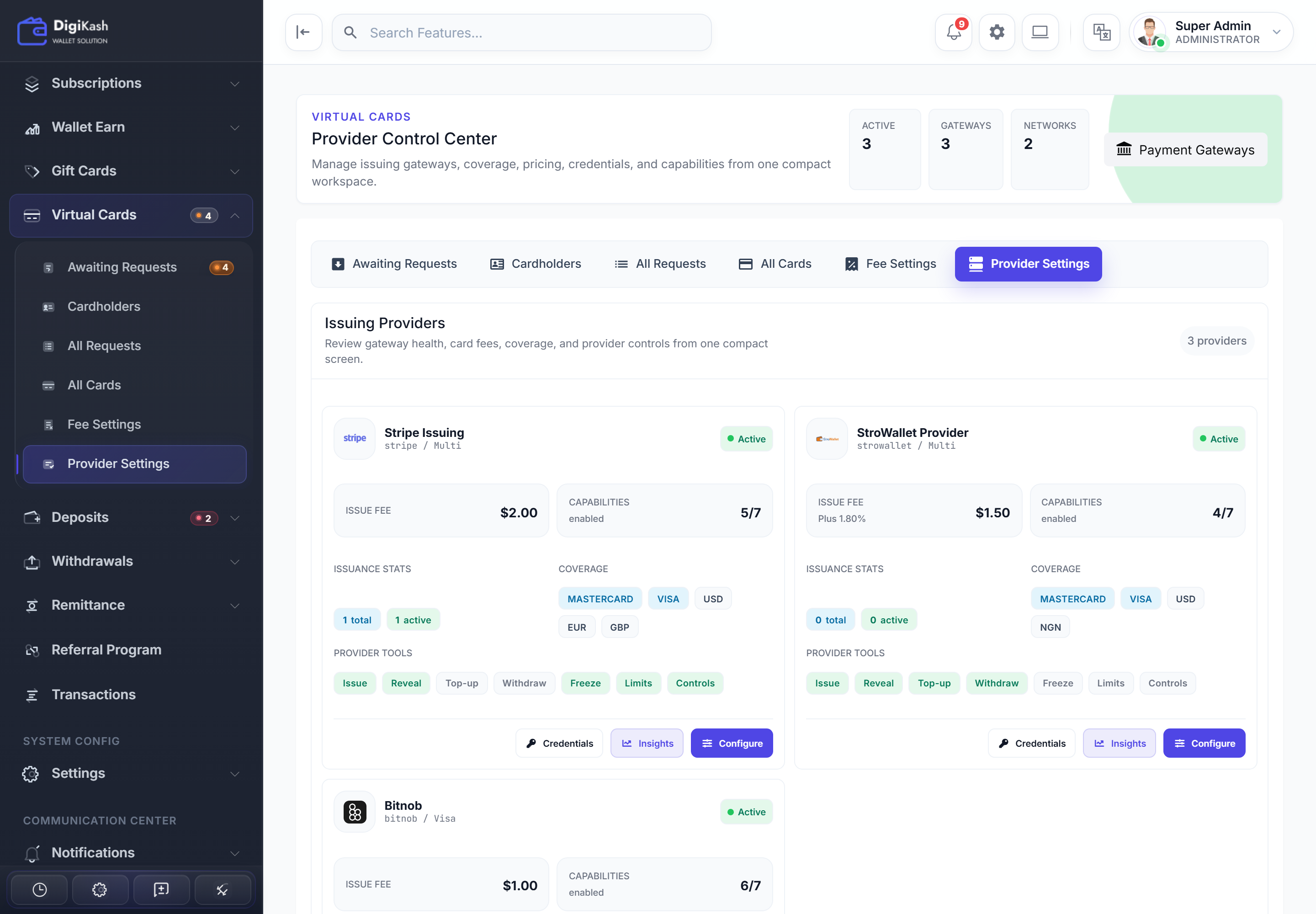 Admin Virtual Card Provider Control Center — Stripe Issuing, StroWallet, and Bitnob with fees, networks, and capabilities