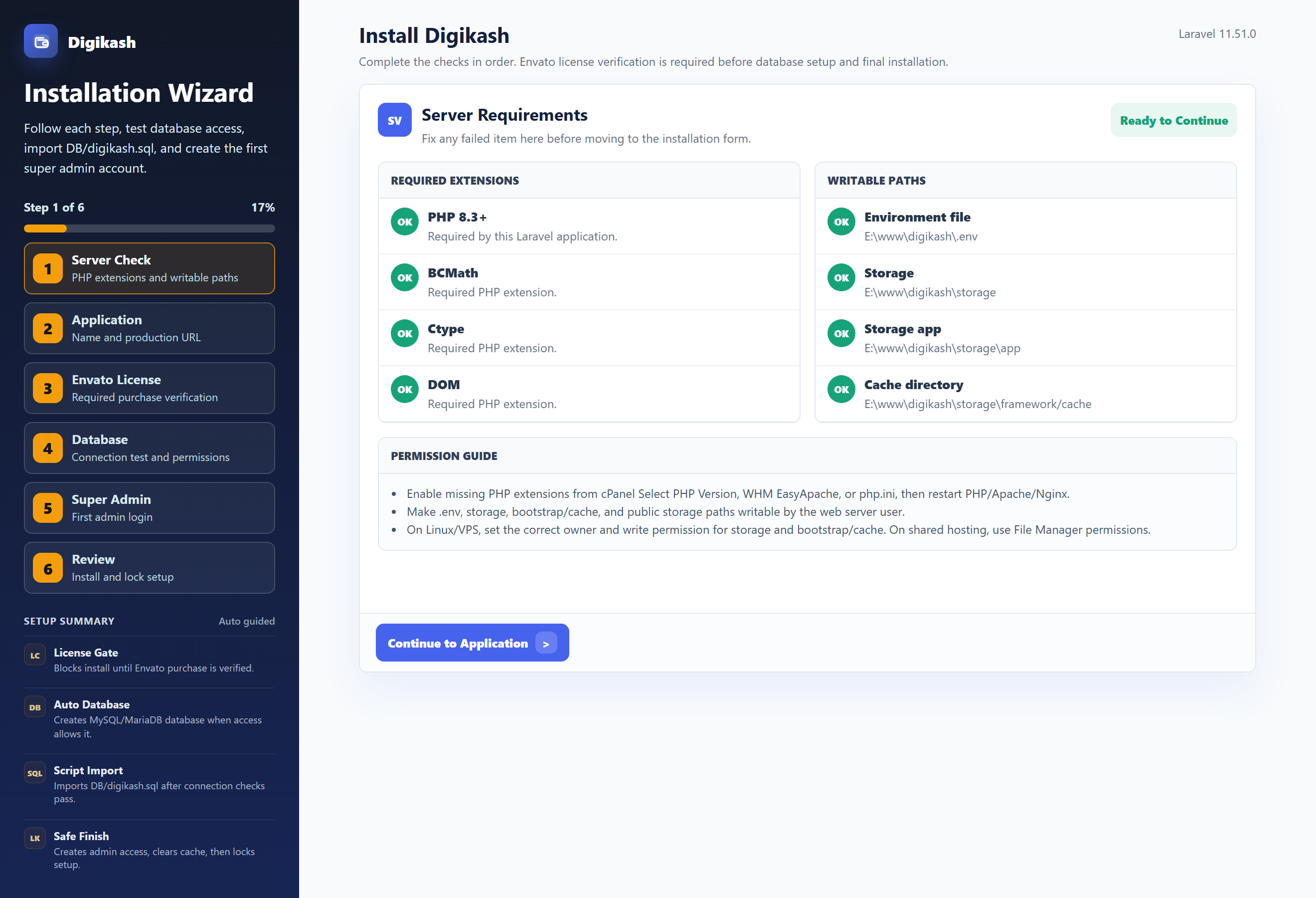 Installer Step 1 — server requirements and writable paths