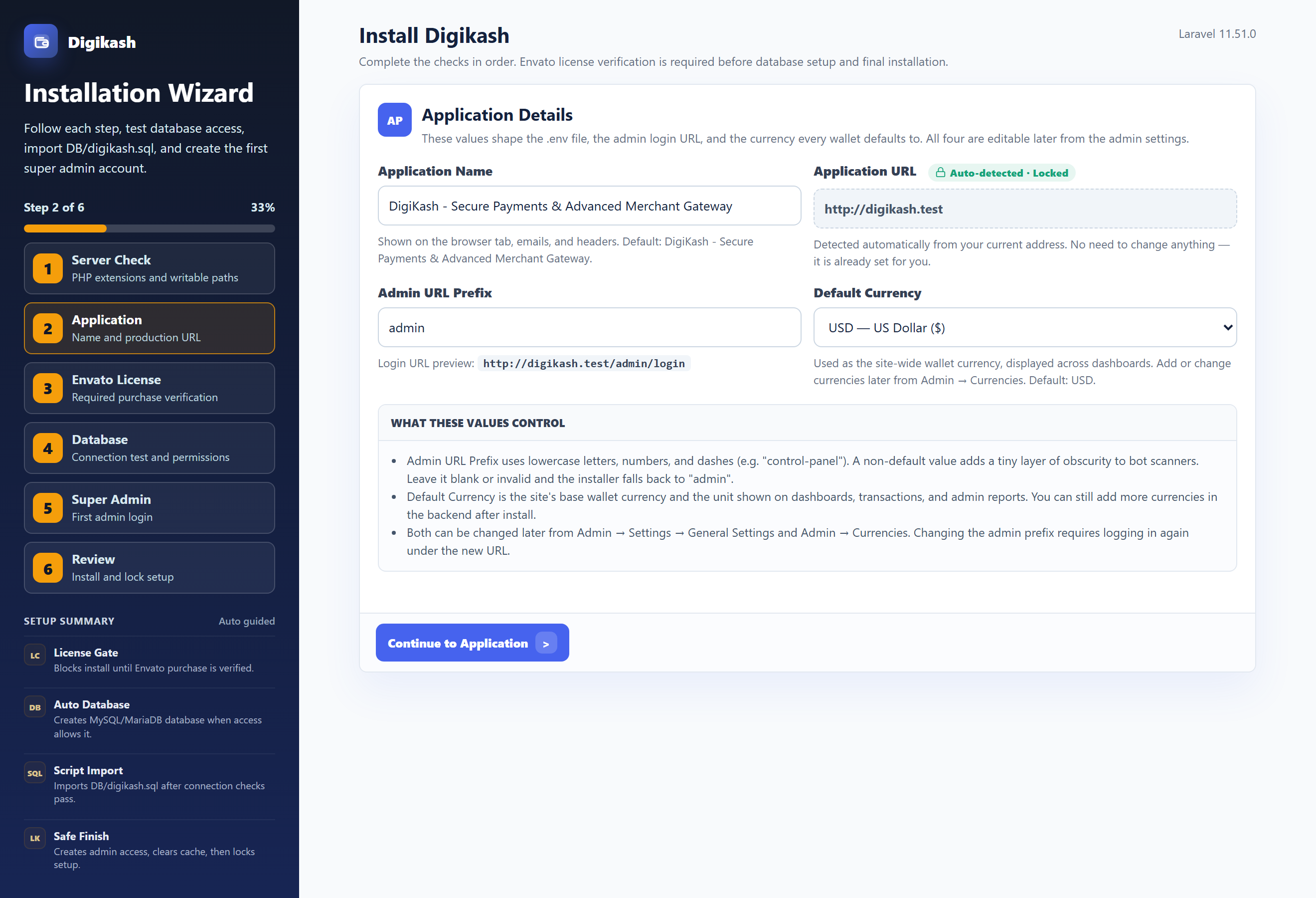 Installer Step 2 — application name, URL, admin prefix and currency