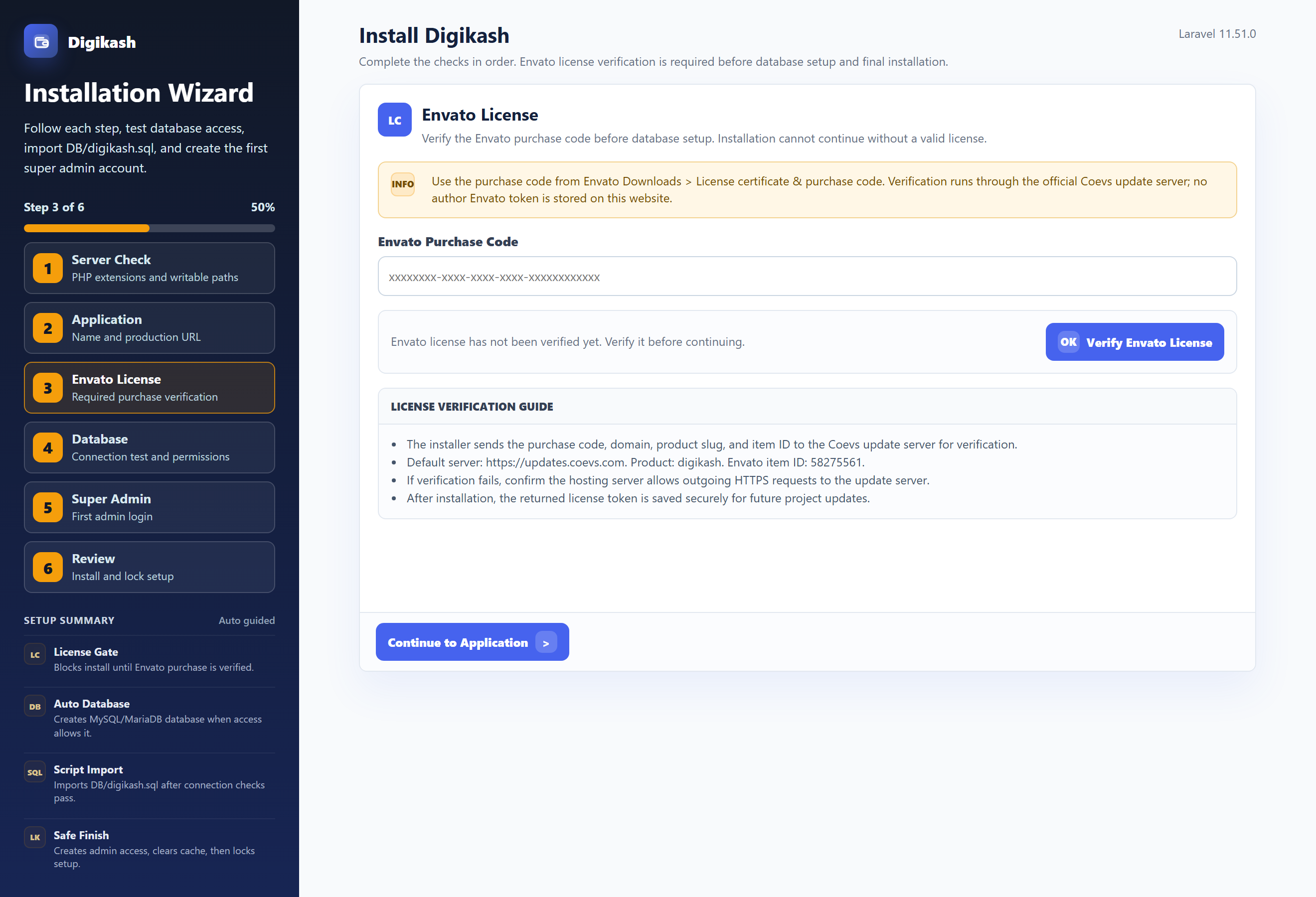 Installer Step 3 — Envato purchase code verification