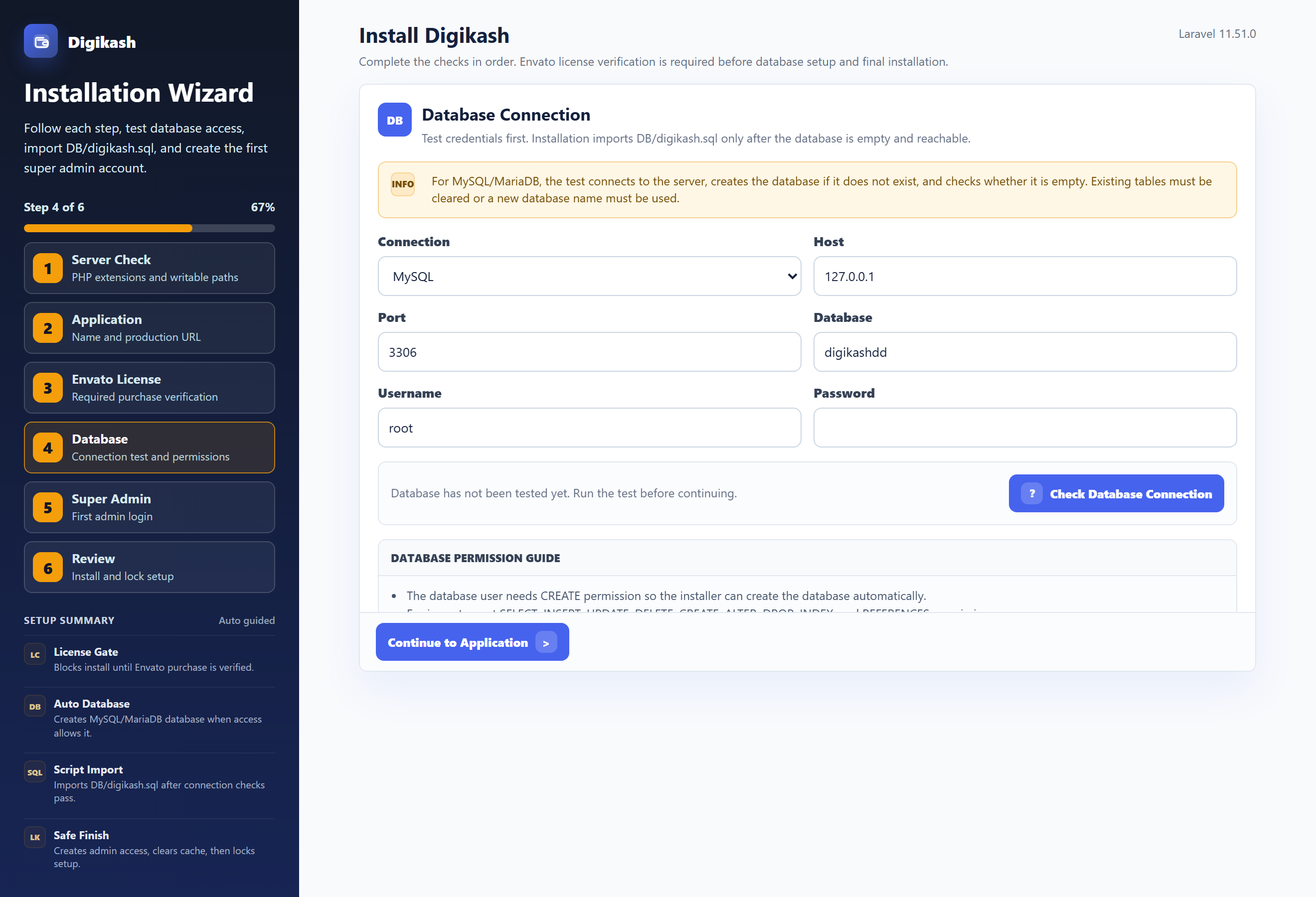 Installer Step 4 — database connection test