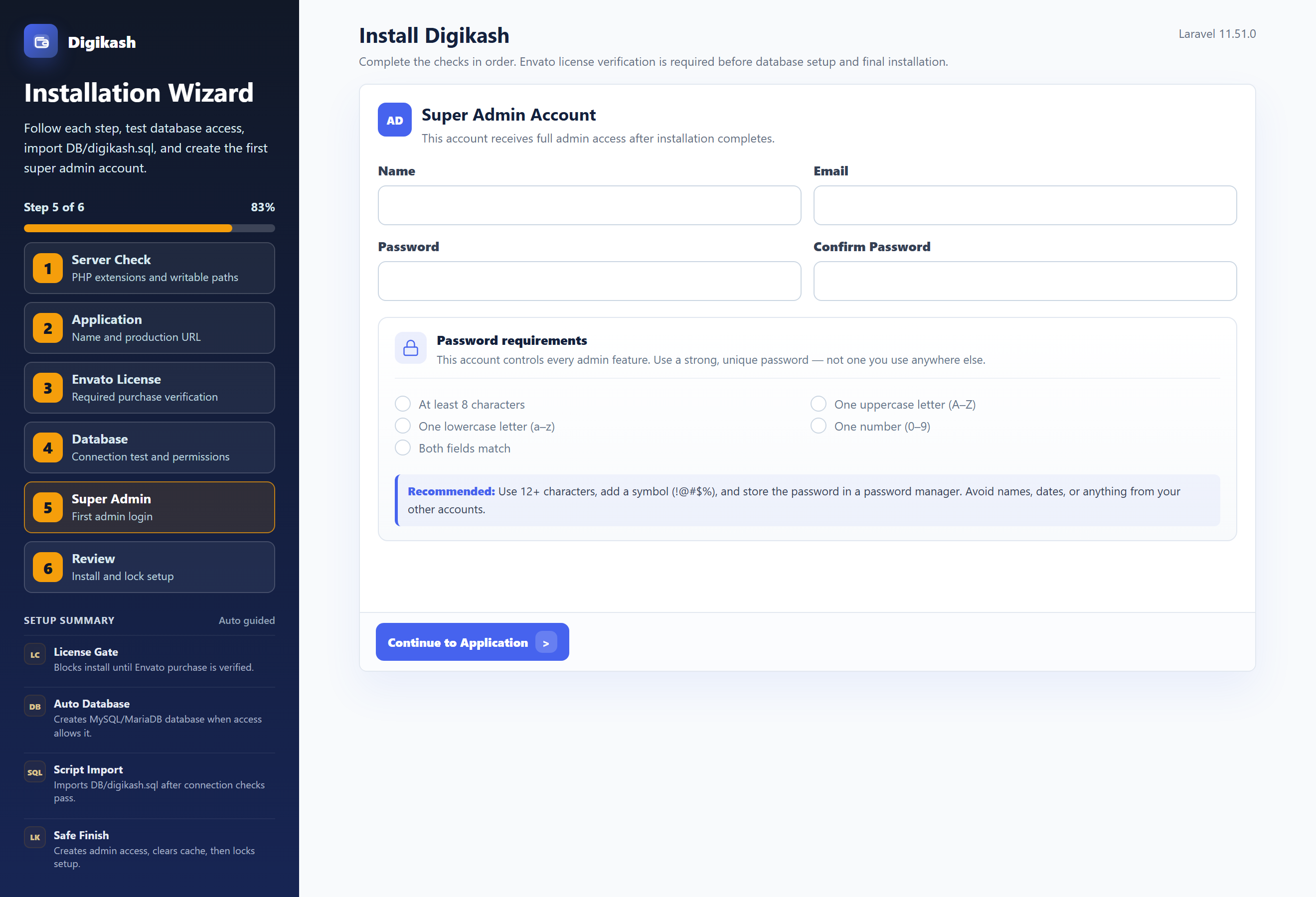 Installer Step 5 — first super-admin account