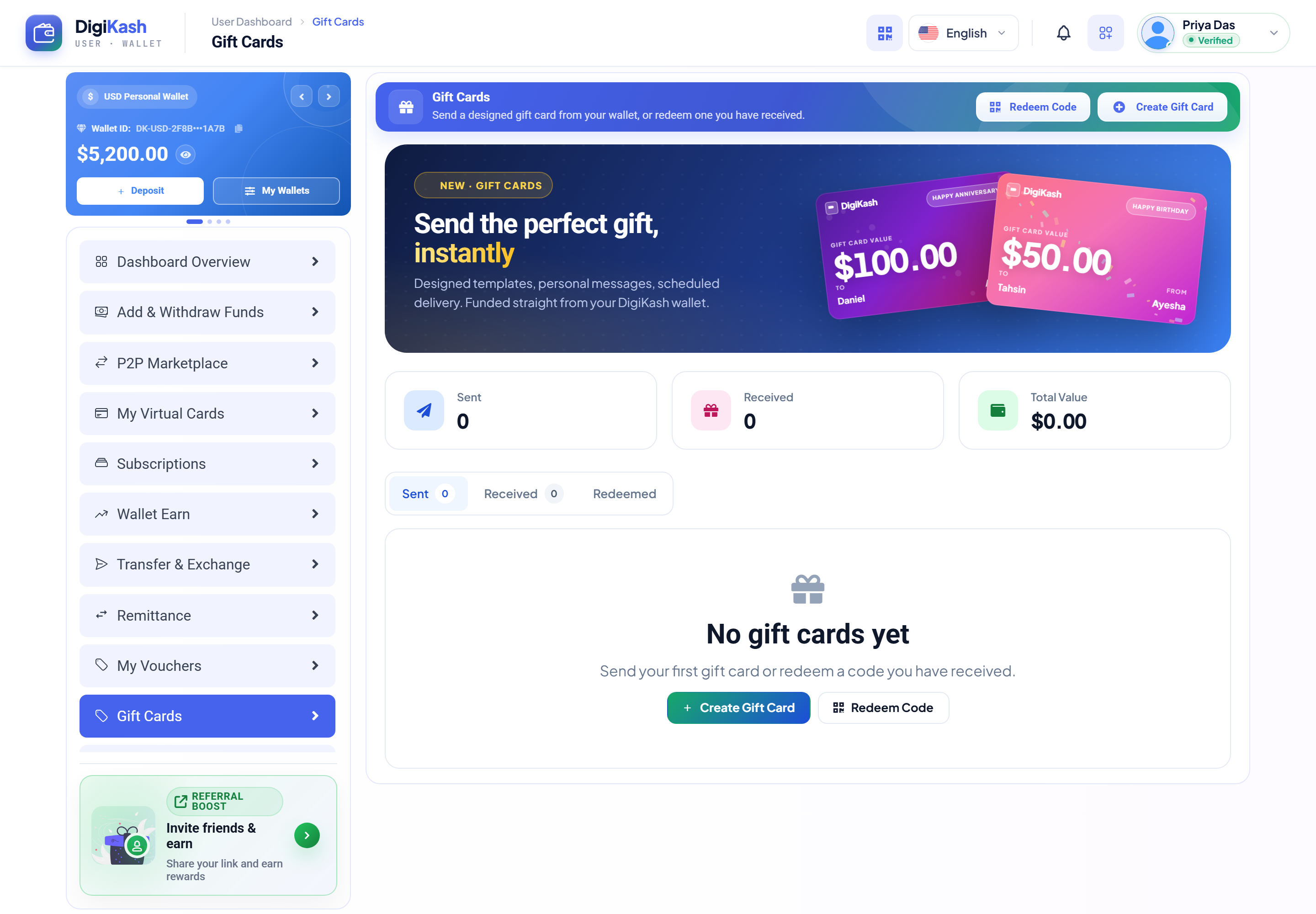 User Gift Cards — send a designed gift card or redeem a received code, with Sent/Received/Redeemed tabs