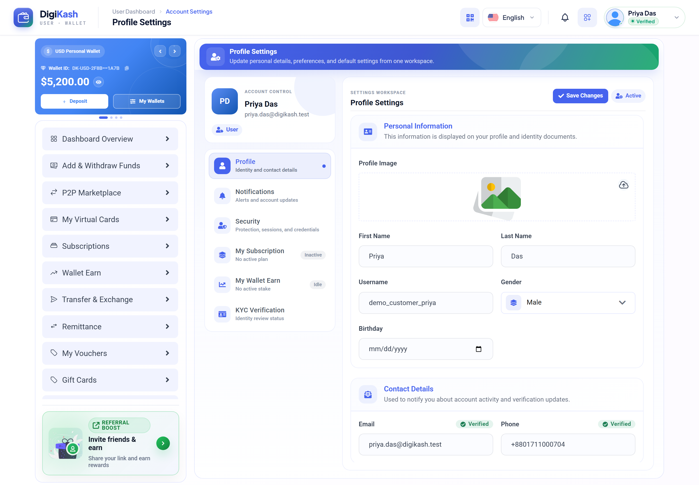 User Profile settings — identity and contact details