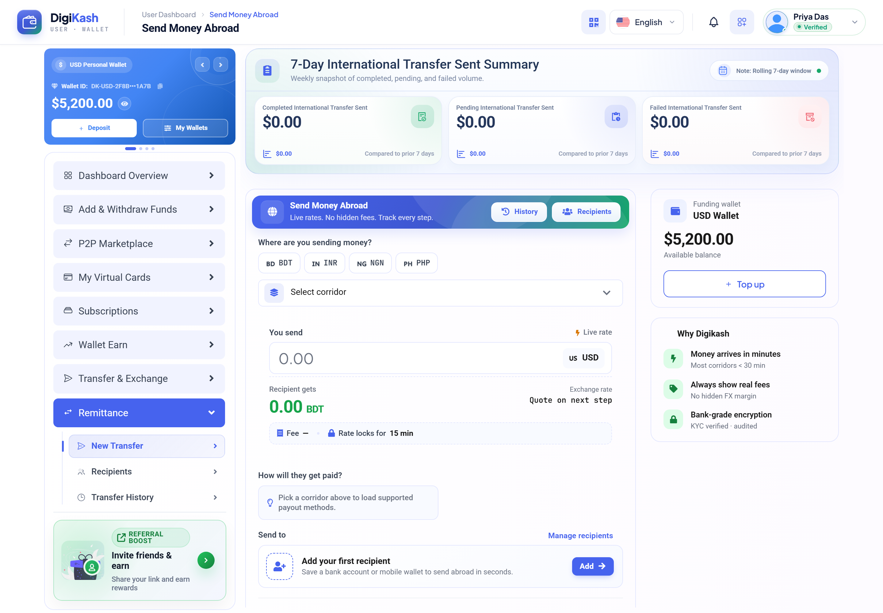 User Send Money Abroad — choose a corridor, see live you-send / recipient-gets rates, and pick a payout method