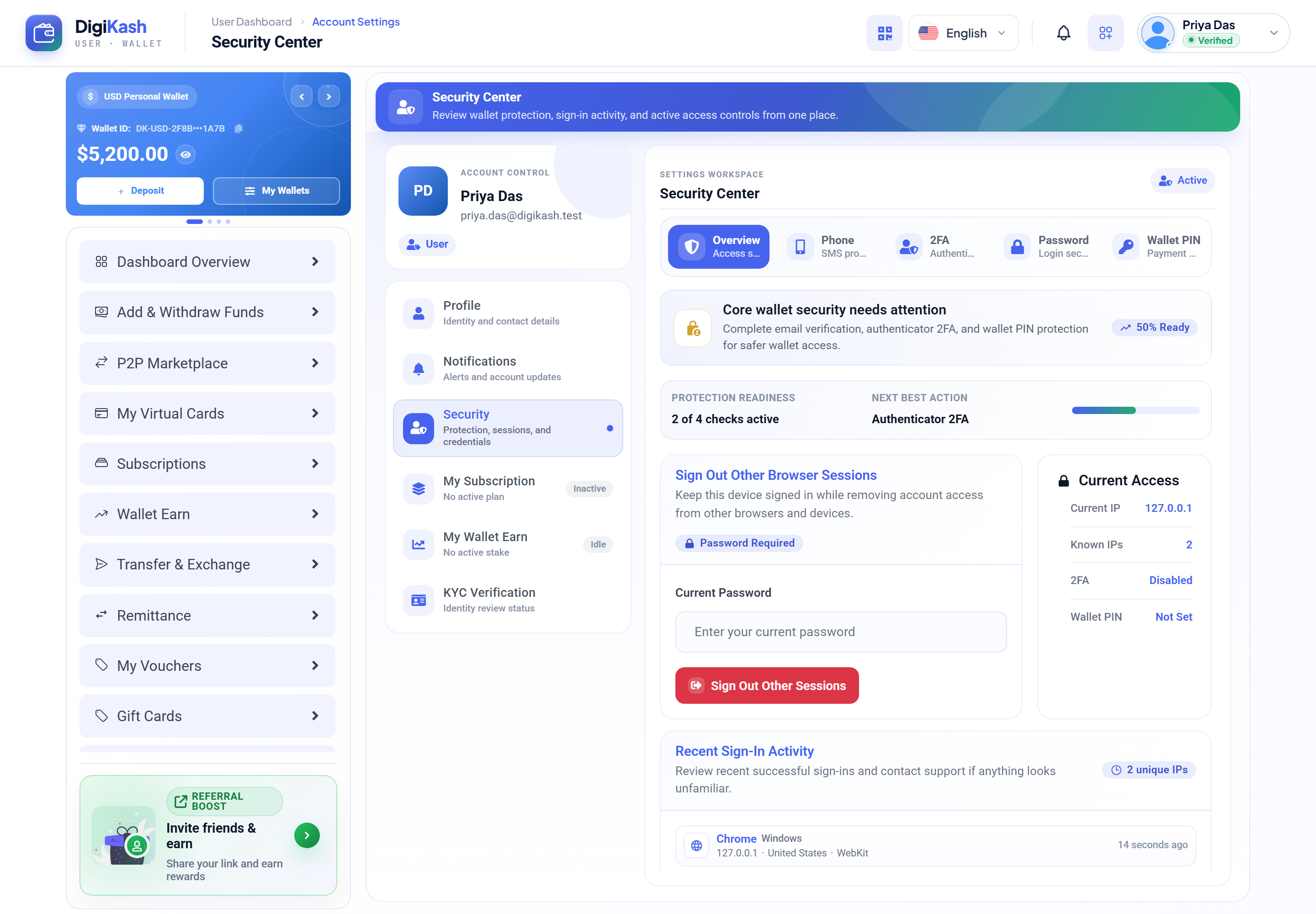User Security Center — 2FA, password, sessions, Wallet PIN, protection readiness, and recent sign-in activity