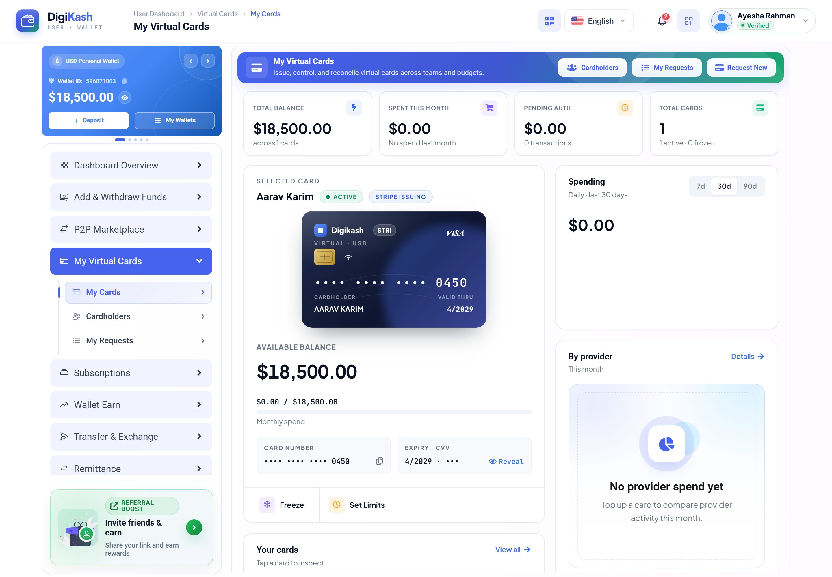 User My Virtual Cards — an active Stripe Issuing card with balance, masked number, Reveal, Freeze, Set Limits, and spend overview