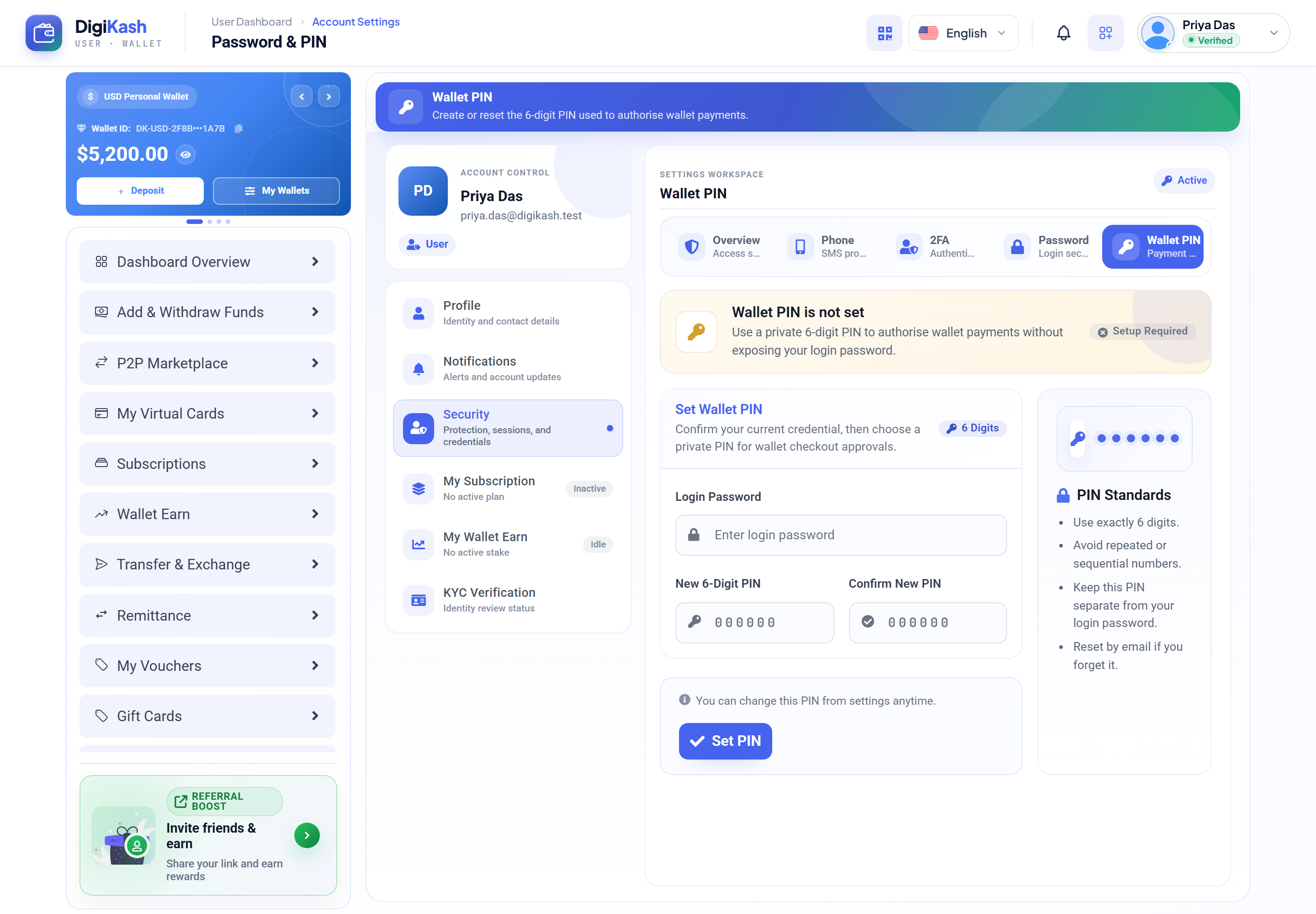 User Wallet PIN setup — confirm login password, choose a 6-digit PIN, and the in-app PIN standards